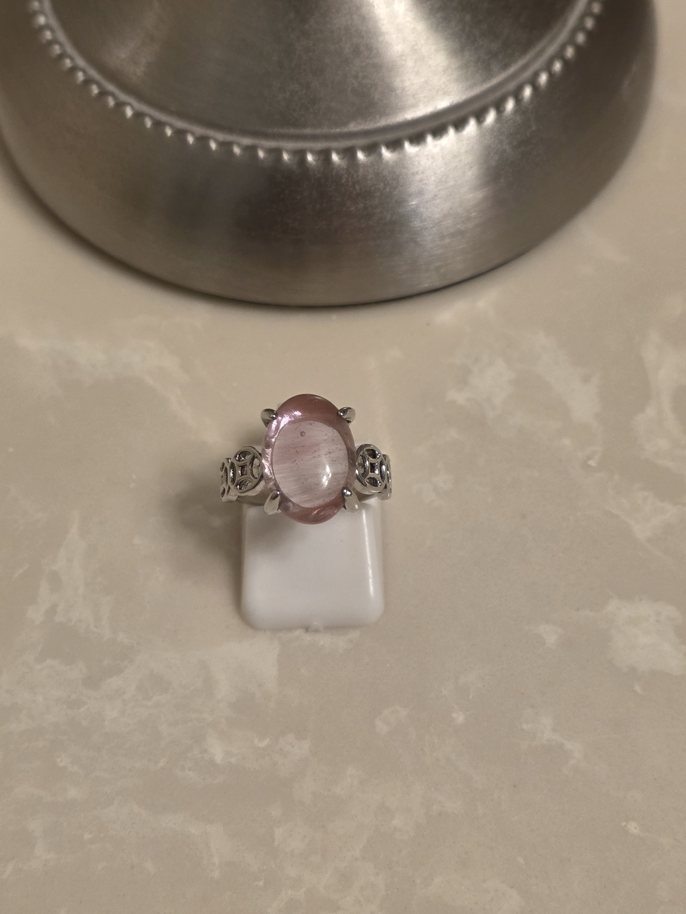 Silver and Oval Cut Pink Moonstone Ring Size 5